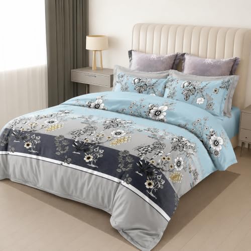 Image of DECOR2ADMIRE 300 TC Super King Size Glace Cotton Printed Bedsheet with 2 Pillow Covers - 108 inch x 108 inch (275cm x 275cm) - Available in Multiple Elegant Designs (Blue Garden)