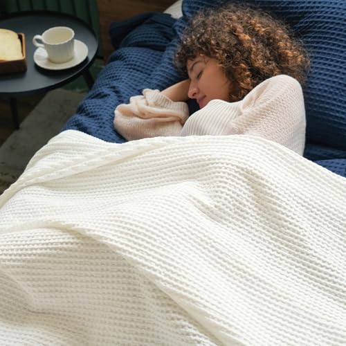 Image of PHF Pre-Washed Cotton Waffle Weave Blanket Throw Size for Couch Bed,Snag Proof Spring Summer Lightweight Breathable,Oeko-TEX Certified,Machine Washable, Home Decor Gift,Cream