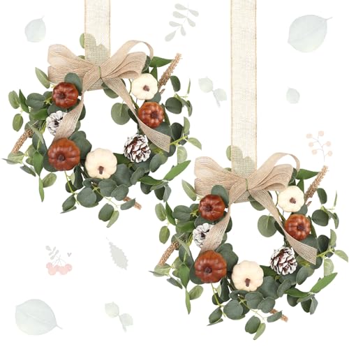 Syhood 2 Pcs 9 Mini Fall Wreath Small Pumpkin Cabinet Wreath Autumn Eucalyptus Decor with Rustic Bow for Fall Harvest Thanksgiving Porch Wall Window Decor(Eucalyptus Pumpkin Style)