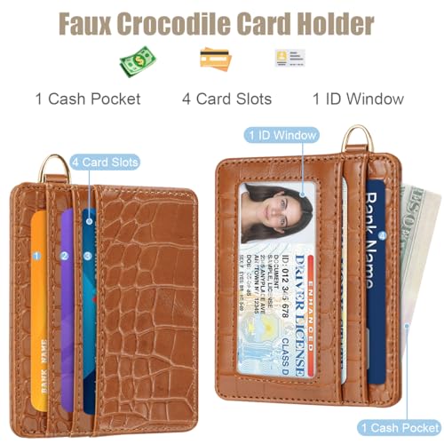 Image of Slim Credit Card Holder Crocodile Wallet Women Thin Wallets | Alligator Print RFID Blocking Minimalist Lightweight Pocket Small Cute Cards Holders ID Window, Brown Croc
