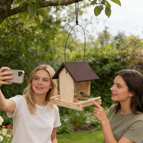 Mangeoire à oiseaux en bois avec corde supérieure, accessoire extérieur durable