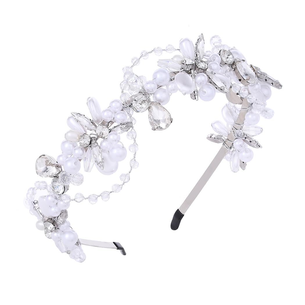 IYOU Pearl Bridal Headbands Silver Crystal Hair Bands Handmade Rhinestone Bride Wedding Hair Accessories for Women