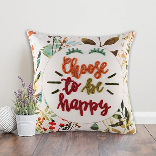 Image of Home-The Best is for You Floral Printed and Embroidered Cushion Cover 16 Inch X 16 Inch Pack of 1 (White::Green::Orange, 1, Polyester)