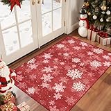 Restydon 2x3 Christmas Doormat for Entryway, Washable Christmas Rugs Bathroom，Snowflake Front Porch Runner Rug，Non-Slip Red and White Christmas Decor Indoor(2'x3', Red/White)