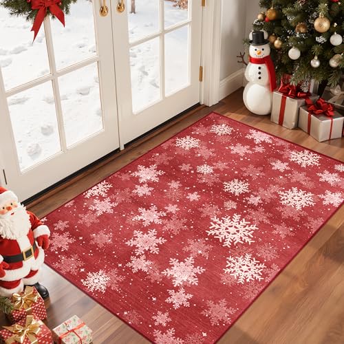 Restydon 2x3 Christmas Doormat for Entryway, Washable Christmas Rugs Bathroom，Snowflake Front Porch Runner Rug，Non-Slip Red and White Christmas Decor Indoor(2'x3', Red/White)