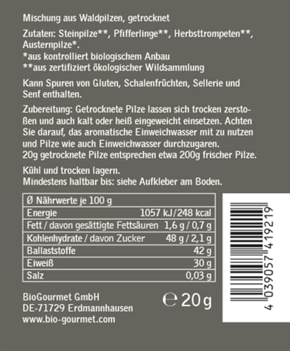 BioGourmet Waldpilze getrocknet Bio, 20g – Ideal für Risotto, Saucen & Suppen – Vegan & Naturbelassen