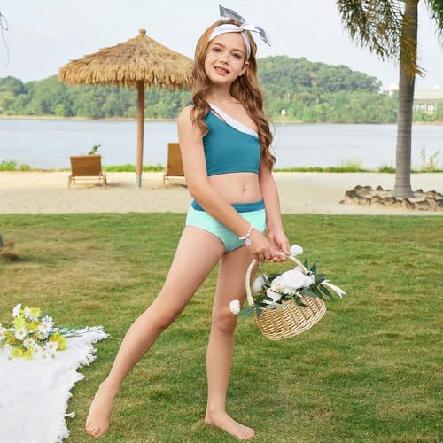 Image of Mirawise Girls Swimsuit One Shoulder Metallic Patchwork Neckline Bathing Suit 2 Piece Bikini