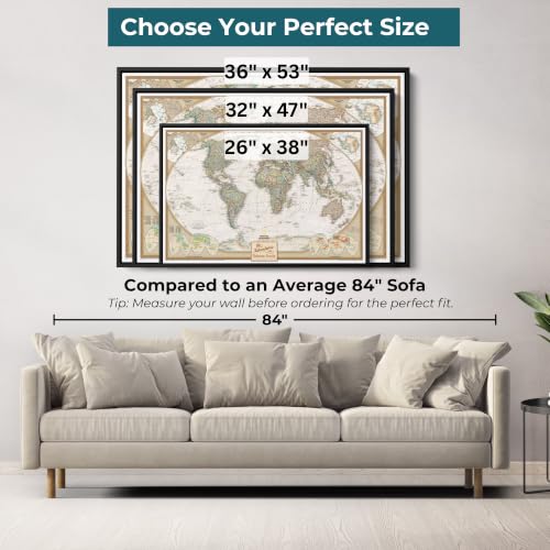 Image of Executive World Push Pin Map - National Geographic Antique Style Canvas Travel Tracker - Extra Large Framed Wall Decor - Natural Float Frame - 34 inch x 51 inch