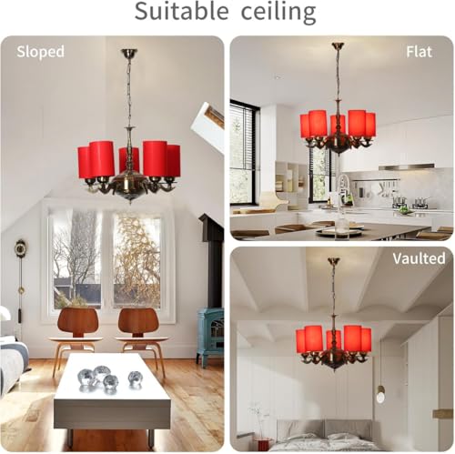 Image of Devansh 05 Lights Red Round Cotton Shade with Antique Golden Chandelier