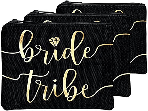 Bride Tribe Makeup Bags - Bridesmaid Favor for Bachelorette Party, Bridal Shower, Wedding. Cosmetics / Toiletries Bag, Wedding Survival Kit, Hangover Kit, Keepsake (3pc Bride Tribe, Black)