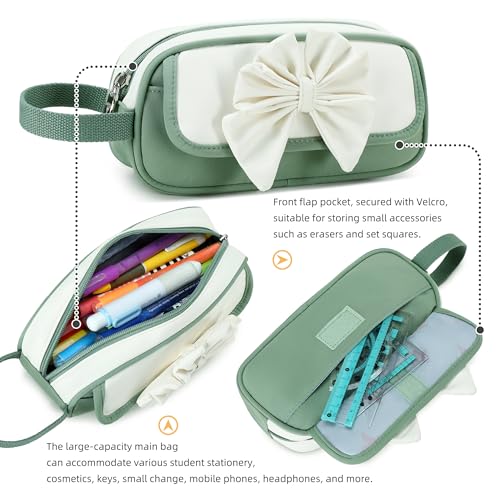 Image of Large Pencil Case for Girls Teens Kids School Zipper Pencil Pouch Green | Bowknot Organizer Pencil Bag Handle Aesthetic Big Pencil Box for School Supplies, Durable Metal Zipper, Large Capacity Design
