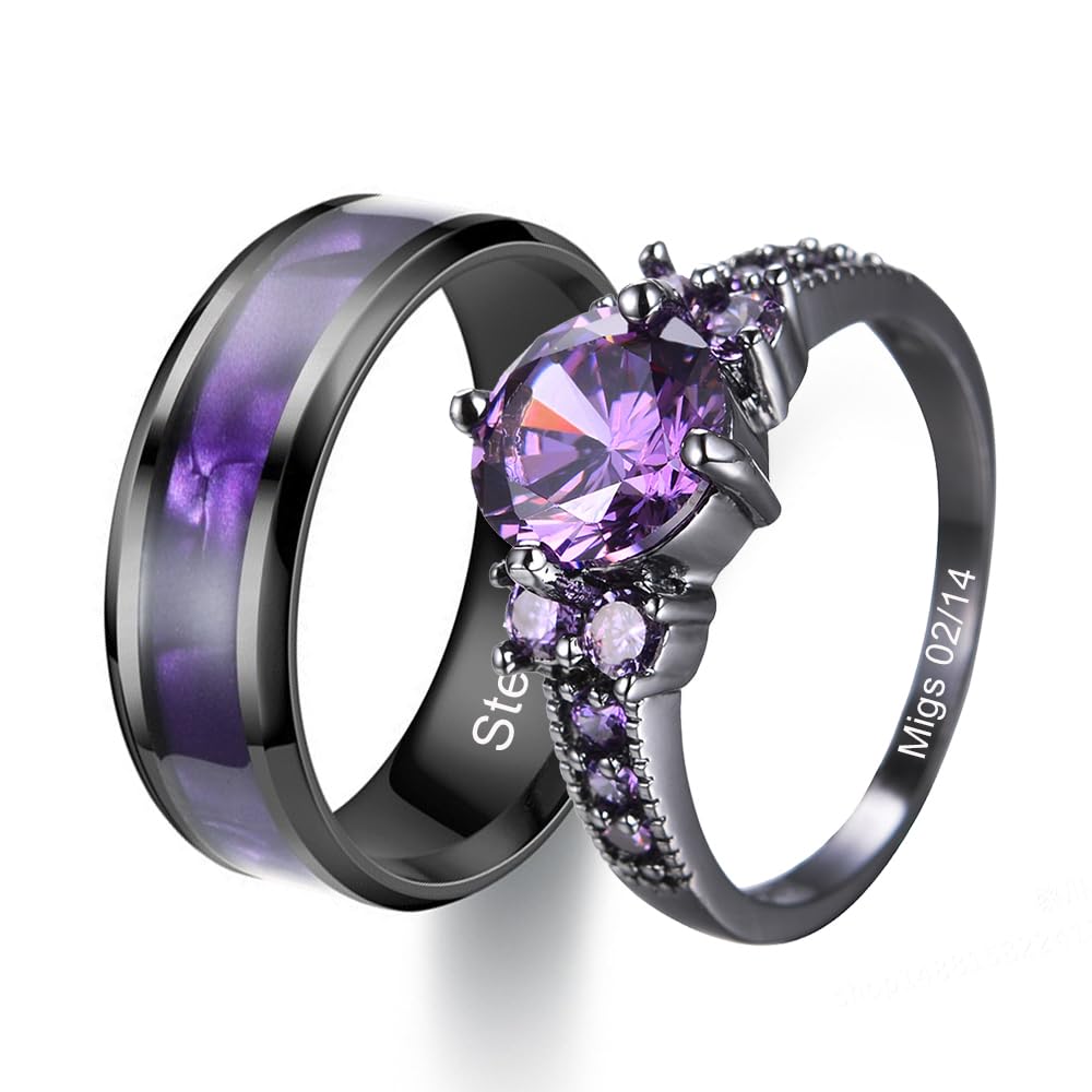 Custom Engraved Couple Rings Set Promise Rings for Him and Her Purple Matching Wedding Rings for Couples Black and Blue Titanium Rings for Men Wedding Band CZ Engagement Ring for Women,Size 5-13