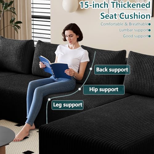 Image of 142 inch U-Shape Cloud Couch, Modern Modular Sectional U-Shape Sofa, Corduroy Boneless Couch Upholstered Couches Deep Seat Sleeper Chaise Longue for Living Room, No Assembly Required, Black