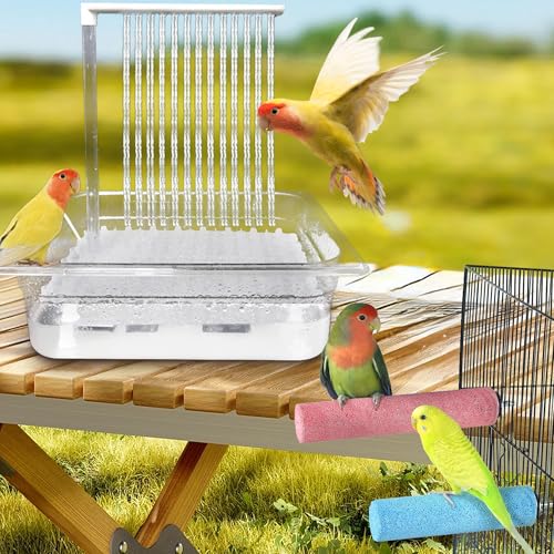Image of Parrot Bathtub Automatic Bath Shower Bird Bath for Cage with 180 Circulating Faucet Double Row Holes Contains USB and Power Plug for Medium Birds with 2 Wood Bird Cage Perch