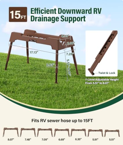 Image of RV Sewer Hose Support, 15FT Heavy-Duty Camper Waste Hose Holder with 7 Foldable Sections, Adjustable & Stable Waste Drainage Support with Strap, Stackable & Weather-Resistant, Brown (Patent Pending)
