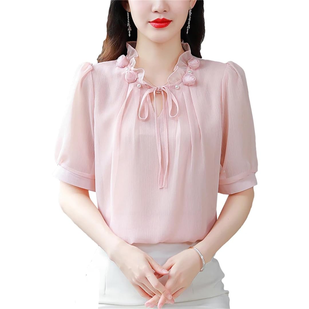 Camicia da donna in chiffon a maniche corte con colletto a petalo papillon sciolto casual pullover camicetta