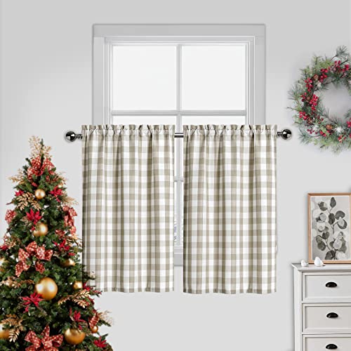 Amzdecor Linen Buffalo Check Tier Curtains For Kitchen, Thick Yarn Dyed Buffalo Plaid Gingham Rod Pocket Cafe Bathroom Curtain, Short Kitchen Window Curtain Sets, 28" W X 24" L, Linen/White, Set Of 2 #TOP6