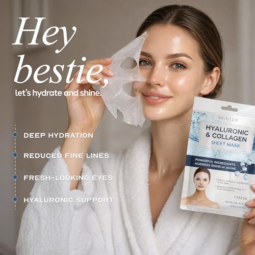 Image of Skin 2.0 Hyaluronic Acid & Collagen Sheet Mask - Hydrating, Anti-Aging, Firming - Dermatologist Tested Korean Skincare - Clean Beauty, Natural Ingredients, Cruelty-Free, All Skin Types - 10 Count