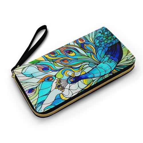 Peacock Leather Zip Around Wallet for Women Stained Glass Art Slim Billfold Wallets PU Leather, Color Bird Painting Long Travel Purse for Credit Card, Cash, Coin, Bill2
