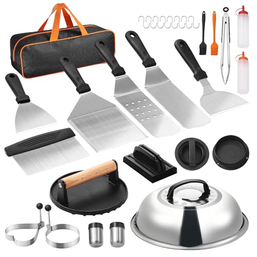 VEVOR 28PCS Griddle Accessories Kit, Flat Top Grill Accessory, Enlarged Spatula Gift Set, Stainless Steel Grilling Tools with Basting Cover, Tong, Burger Press, Carry Bag, for Outdoor BBQ Teppanyaki
