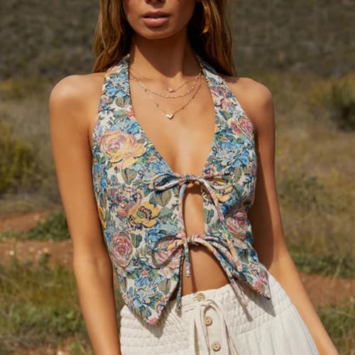 Women's Summer Sleeveless Y2k Tops Halter Neck Tie Front Retro Floral Print Sexy Backless Crop Tank Tops Vest2