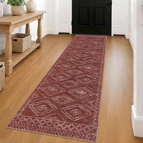 KILOCOCO Hallway Runner Rug 2'x8' Runners for Hallways Washable Runner Rug Non Slip Laundry Room Rug Low-Pile Rug Runner for Bedroom Kitchen Living Room Boho Rug, Burnt Orange/Red