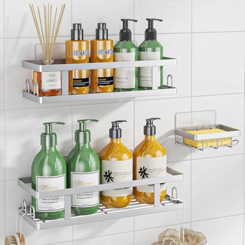 Image of Youvip Adhesive Shower Caddy, 3 Pack Shower Shelves with Soap Holder and 12 Hooks, Rustproof No Drilling Bathroom Organizer and Storage, Silver