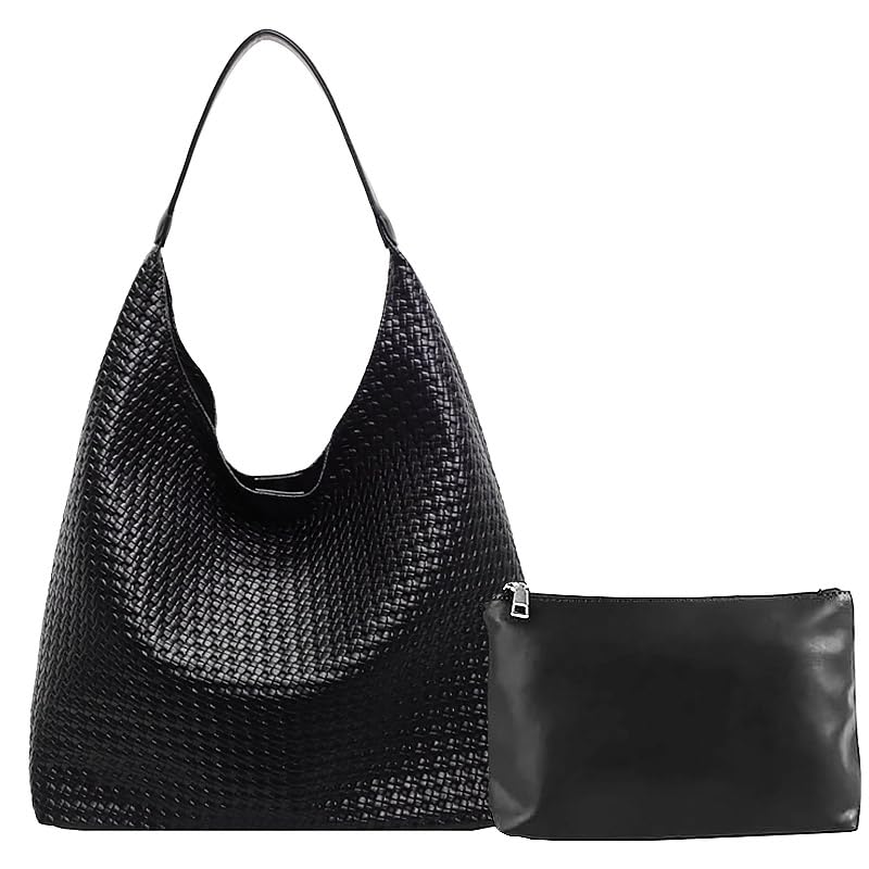 Woven Tote Bag for Women Top-handle Shoulder Bag, Leather Woven Beach Bag Hobo Bags Soft Vegan Handbag Underarm Black