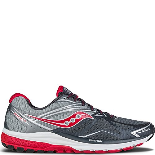 Saucony Men's Ride 9 Running Shoe, Grey/Charcoal/Red, 10.5 M US