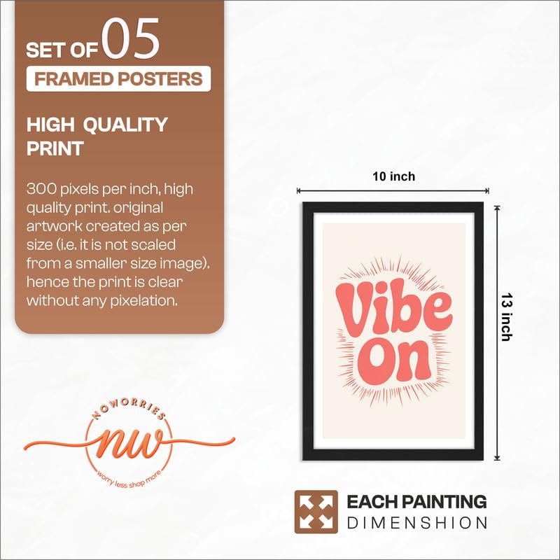 Image of NoWorries Retro Music Wall Painting Set of 5 with Frame | Boombox, Mix Tape, Headphone, Vibe On & Abstract Sound Wave Artwork for Living Room, Bedroom, Office, Studio and Home Decor (Art-20, Frames Size-10x13 inches)
