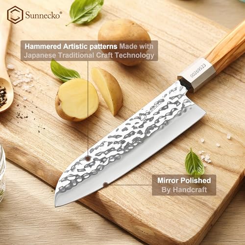 Sunnecko Japanese Santoku Knife for Kitchen - 7 Inch Professional Kitchen Knives with High Carbon Steel 440C Blade, Sharp Knife Octagon Olivewood Handle Asian Knives for Meat Cutting - Image 4