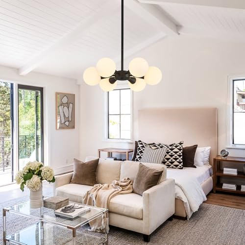 Image of Modern Ceiling Light with Milk White Glass lampshade Black Semi Flush Mount Ceiling Light Fixture Sputnik Chandelier for Bedroom Living Room Dining Room Foyer Hallway(6-Lights)