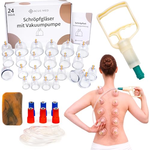 Schröpfgläser Set mit Vakuumpumpe 24 Stück - Schröpfset mit 12 Therapiemagneten und Faszienschaber - für Gesicht und Körper zur Gegen Cellulite Spannung und Entspannen Muskeln