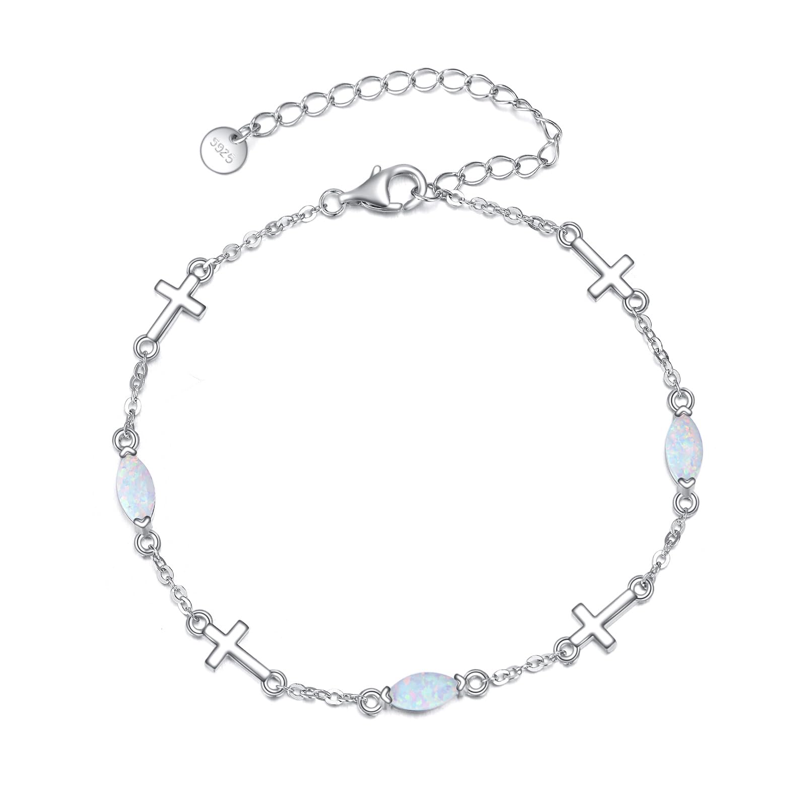 CRMAD Cross Opal Anklet for Women 925 Sterling Silver Cross Opal Anklet Cross Jewelry Gift for Women (Cross Opal)