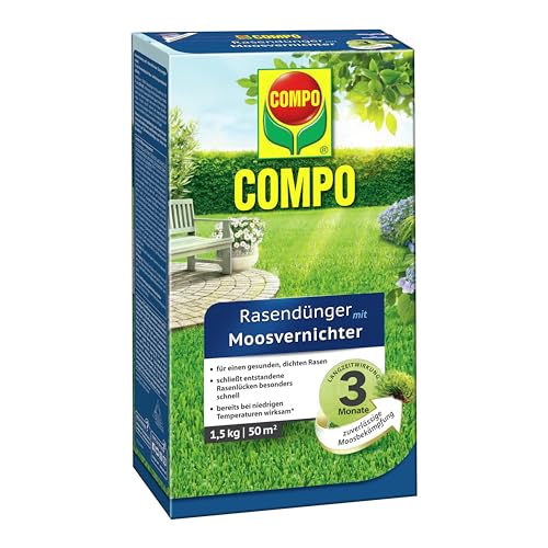 COMPO Rasendünger mit Moosvernichter, 3 Monate Langzeitwirkung, Feingranulat, 1,5 kg, 50 m²