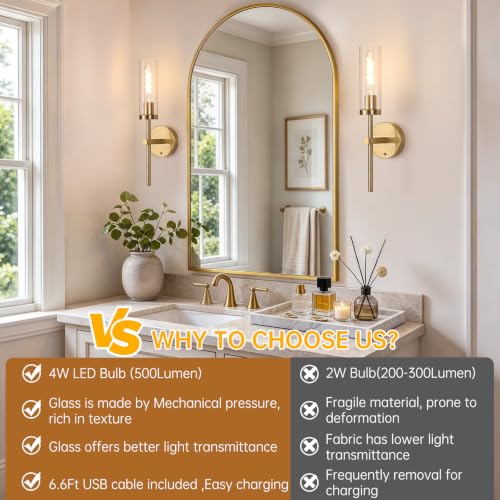 Image of Shenmoyl Battery Operated Wall Sconces Set of 2, Gold Rechargeable Wall Lighting Fixtures, Dimmable Wall Lights with Remote & Clear Glass Shade for Living Room, Bathroom,Bedroom