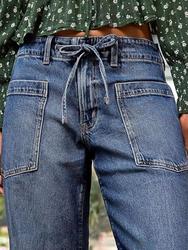 Flamingals Women's Mid Waist Straight Leg Jeans Drawstring Cropped Jeans Women Stretchy4