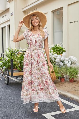 Image of OSTOO Women's Floral Maxi Dress Boho Summer Short Sleeve Smocked Waist Tiered Long Dress