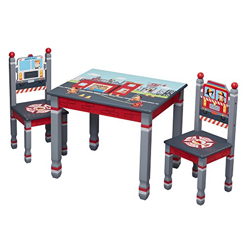 Fantasy Fields - Little Fire Fighters Kids Sturdy Wooden Table & Set of 2 Chairs Hand Painted Lead Free and Non-toxic Water-based Paint, Red