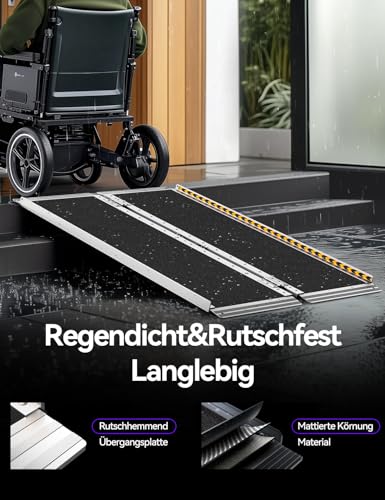 FACHNUO Rollstuhlrampe 91cm Faltbare Aluminium Schwellenrampe mit verstellbaren Stützbeinen, 362kg Tragfähigkeit, rutschfeste & tragbar, Schwarze Rampe für niedrige Treppen, Stufen, Türen, Eingänge