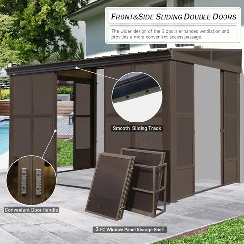 SHPAI 8x12FT Wall Mounted Sunroom Kit with 3 Sliding Double Doors (Front and 2 Sides), Patio Small Solarium All Season, Enclosed Lean to Gazebo with Galvanized Steel Roof and PC Windows for Backyard - Image 3