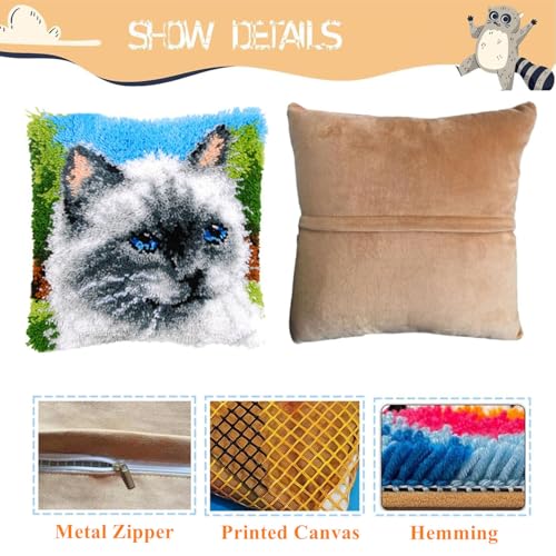 Image of EMISTEM Latch Hook Kits for Adults - Latch Hook Pillow Kits, Crochet Yarn Kit for Beginners, DIY Needlework Crafts Cover Case with Printed Canvas, Gift Packaging. (Blue Eyes Cat,17x17 inch)