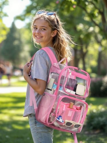 Image of Heavy Duty Clear Backpack For Kids Women Men Boys Girls, 17 Inch Large See Through Backpack, 360 3M Reflective Strips Clear Bookbag, Transparent Bag For School College Sport Work Security, Pink