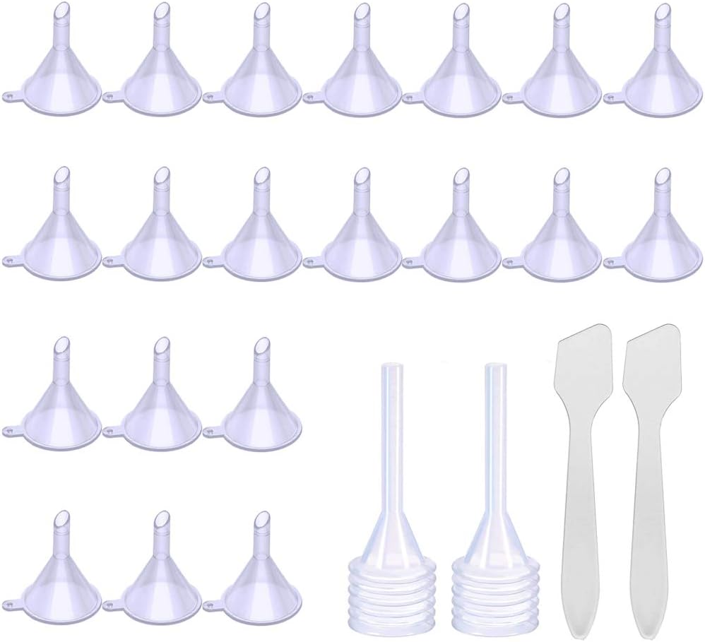 20 Pack Mini Clear Plastic Funnels with 2 Pcs Mini Pipette and Spoon for Filling Small Bottles or Containers Atomizers Perfume Liquid Essential Oils Spice Powder Lab Lotion Craft Spice