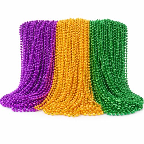 Oojami 144 Pcs Bulk Mardi Gras Beads – 33' Round 7mm Metallic Necklaces – Gold, Green & Purple Party Favors for Parade Throws, Carnival & Masquerade