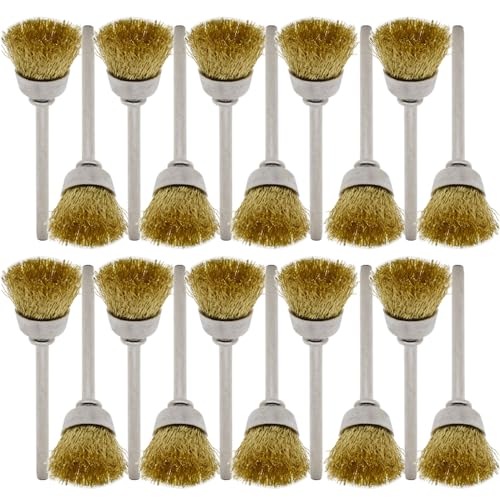20PCS Brass Wire Brushes - Metal Rust Removal, Cleaning, and Polishing - 15mm Diameter, 1/8″ (3mm) Shaft - Removes Burrs, Dust, and Oxide Layer - Handles Rough Surfaces - Rotary Tool Accessories
