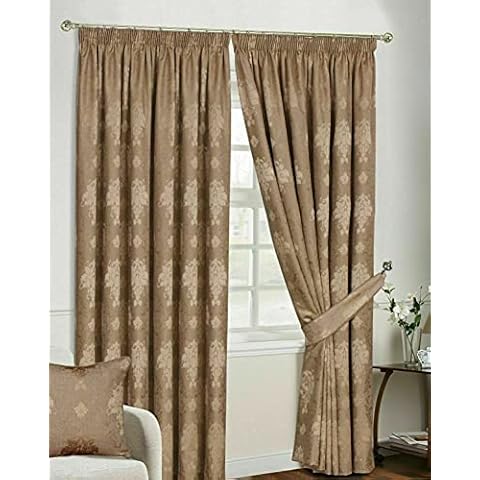 Householdfurnishing Redy Made Luxury Jacquard Fully Lined Curtain Pair Pencil Pleat With Free Tie Backs (Coffee Curtain, 46" X 54") Cover