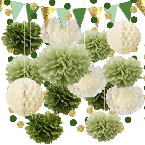JDCMEI Lot de 16 Pompons Décoratifs en Papier Vert et Beige, Pompon Papier de Soie, Guirlande en Papier de Soie, Décoration à Suspendre pour Fête...