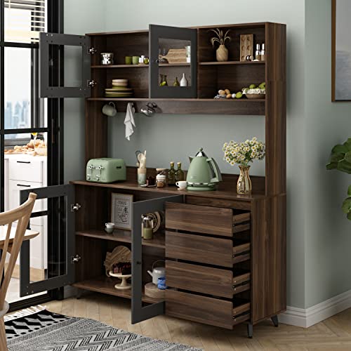 Fufu&Gaga 74.8" Tall Kitchen Pantry Cabinet With 4 Drawers, 4 Doors & Microwave Stand, Freestanding Hutch Cabinet With Buffet Cupboard For Kitchen, Dinningroom (Black/Brown) #TOP2