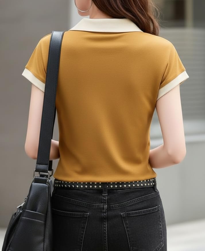 Image of GLASGO Pure Cotton Regular Fit Plain Solid Classic Polo Collar Half Sleeve T-Shirt for Women (Colors: Beige, Mustard, Gray, Pink)